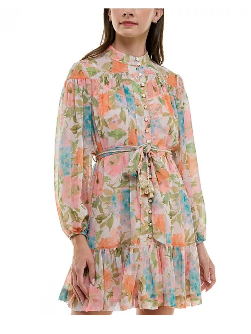 Just Taylor Floral Chiffon Shirt Dress Size 12 Belted Boho Tiered Mini